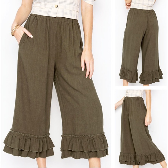Last☝️Linen/Cotton Ruffle High Waist Culotte Pants - Picture 5 of 7